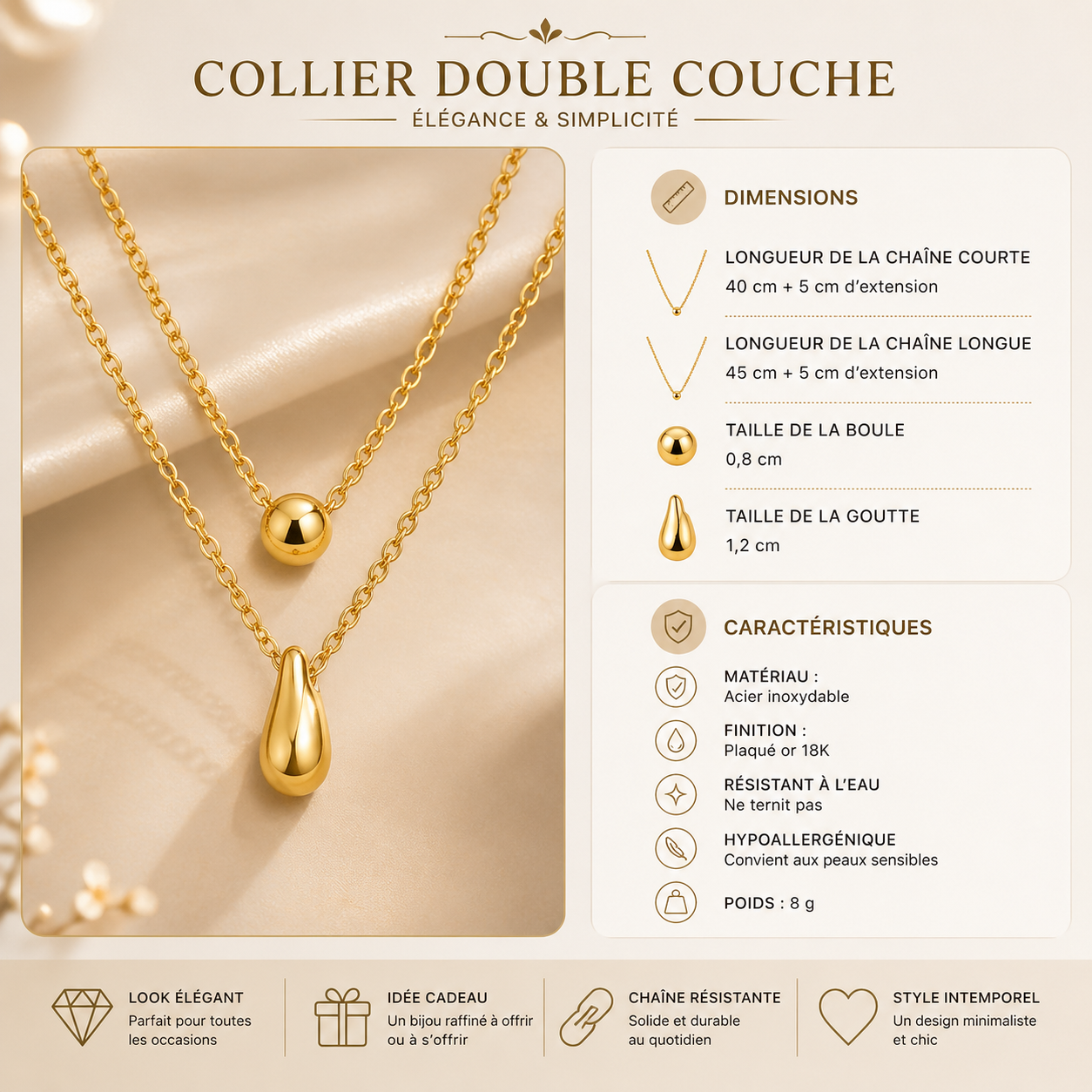 Collier Double Couche en Acier Inoxydable – Élégance Minimaliste