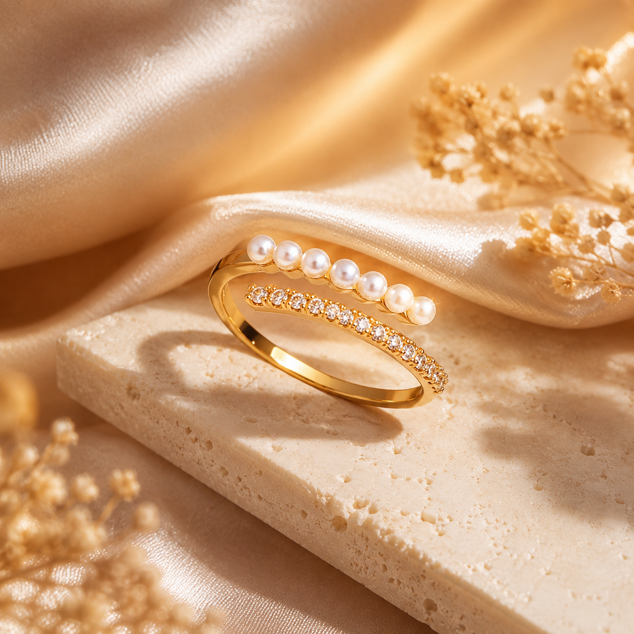 Bague Ajustable Perles & Zircons – Élégance Intemporelle