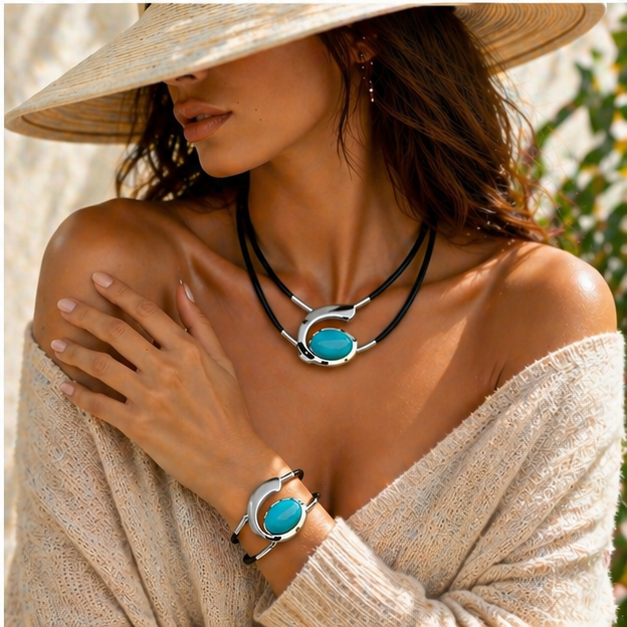 Parure Collier & Bracelet Élégance Pierre Ovale – Style Chic et Moderne