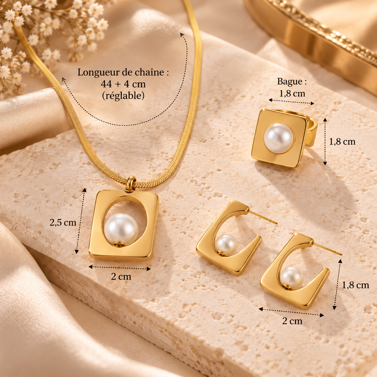 Parure Dorée à Perles Blanches – Collier, Boucles d’Oreilles et Bague Élégants