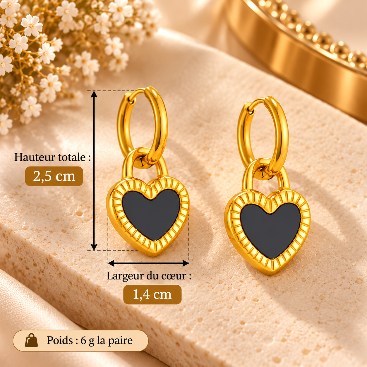 Parure Cœur Doré et Noir – Collier et Boucles d’Oreilles Élégants Femme