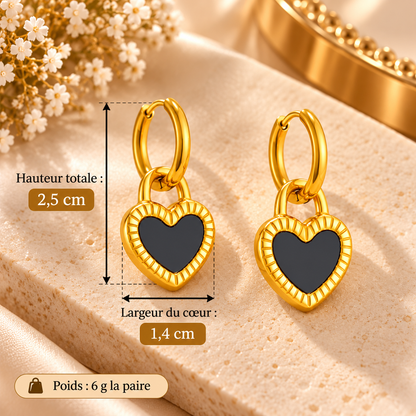 Parure Cœur Doré et Noir – Collier et Boucles d’Oreilles Élégants Femme