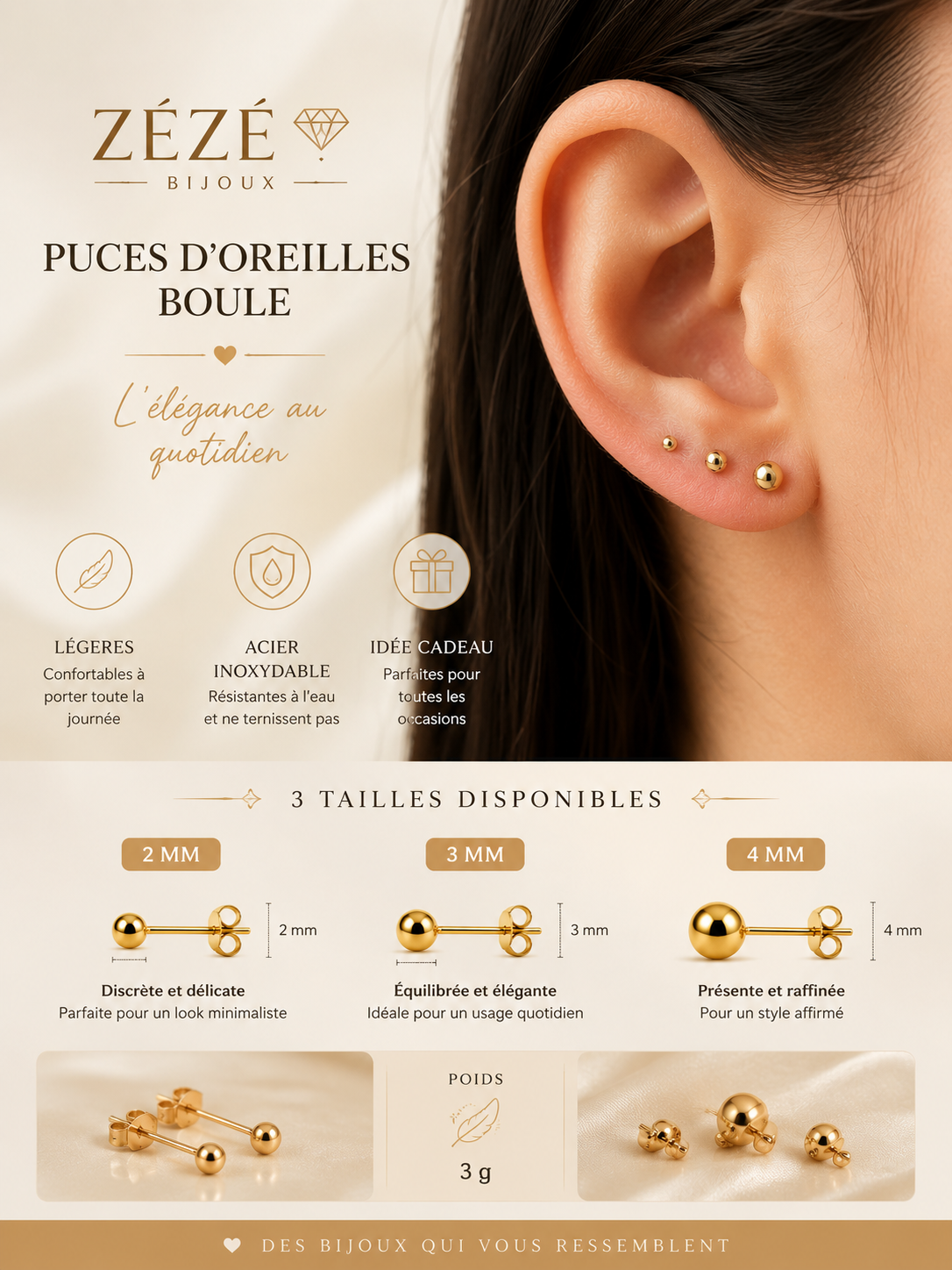 Boucles d'Oreilles Puces Dorées – Lot de 3 Tailles Élégantes