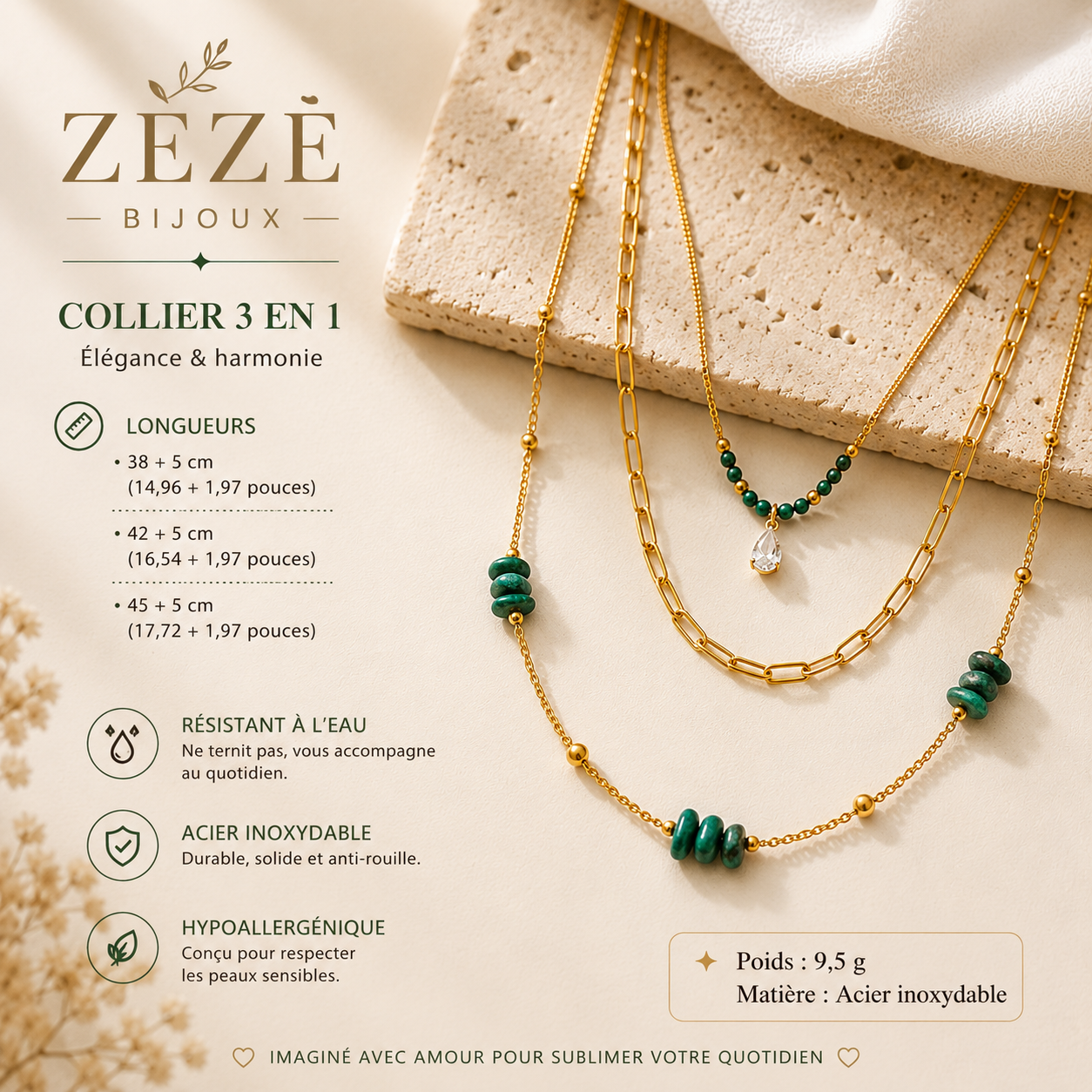 Collier Multi-Rangs Élégance Turquoise – Acier Inoxydable Plaqué Or 18K