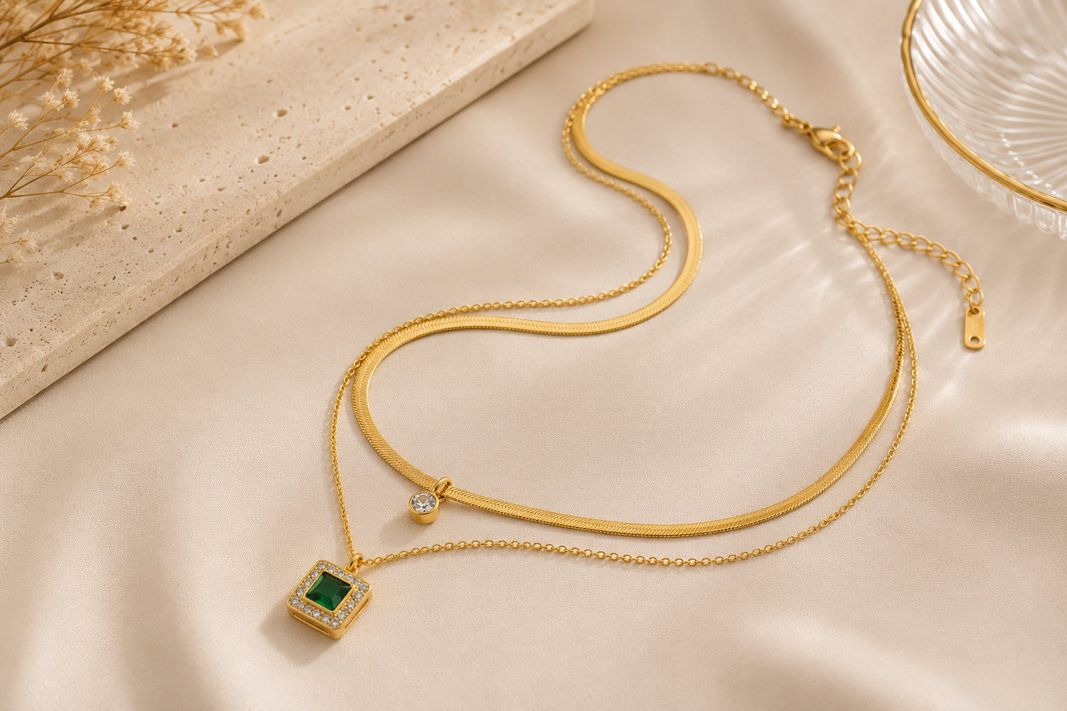 Ensemble Collier & Bracelet Émeraude Doré