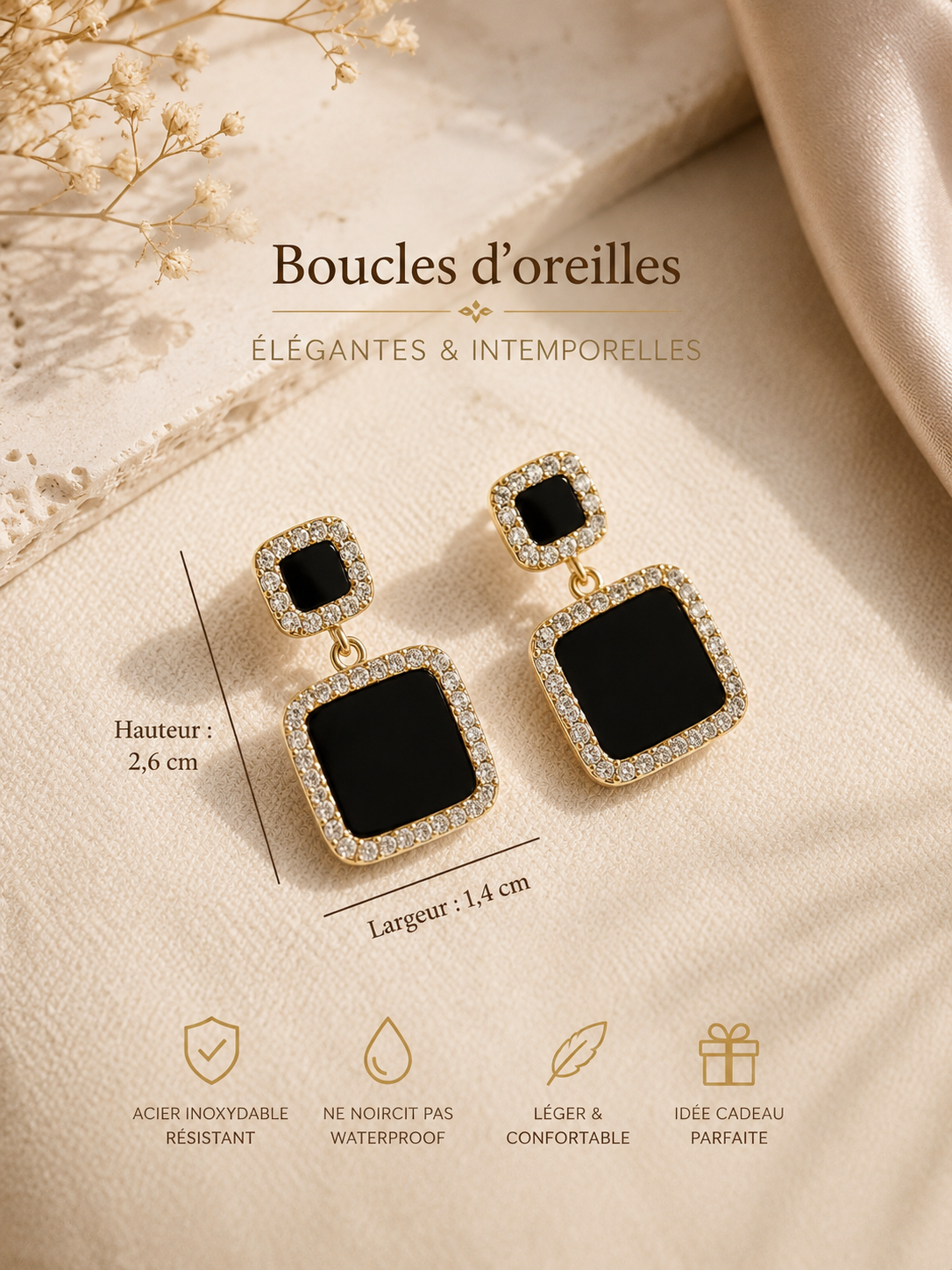 Boucles d’Oreilles Élégance Carrée Noire