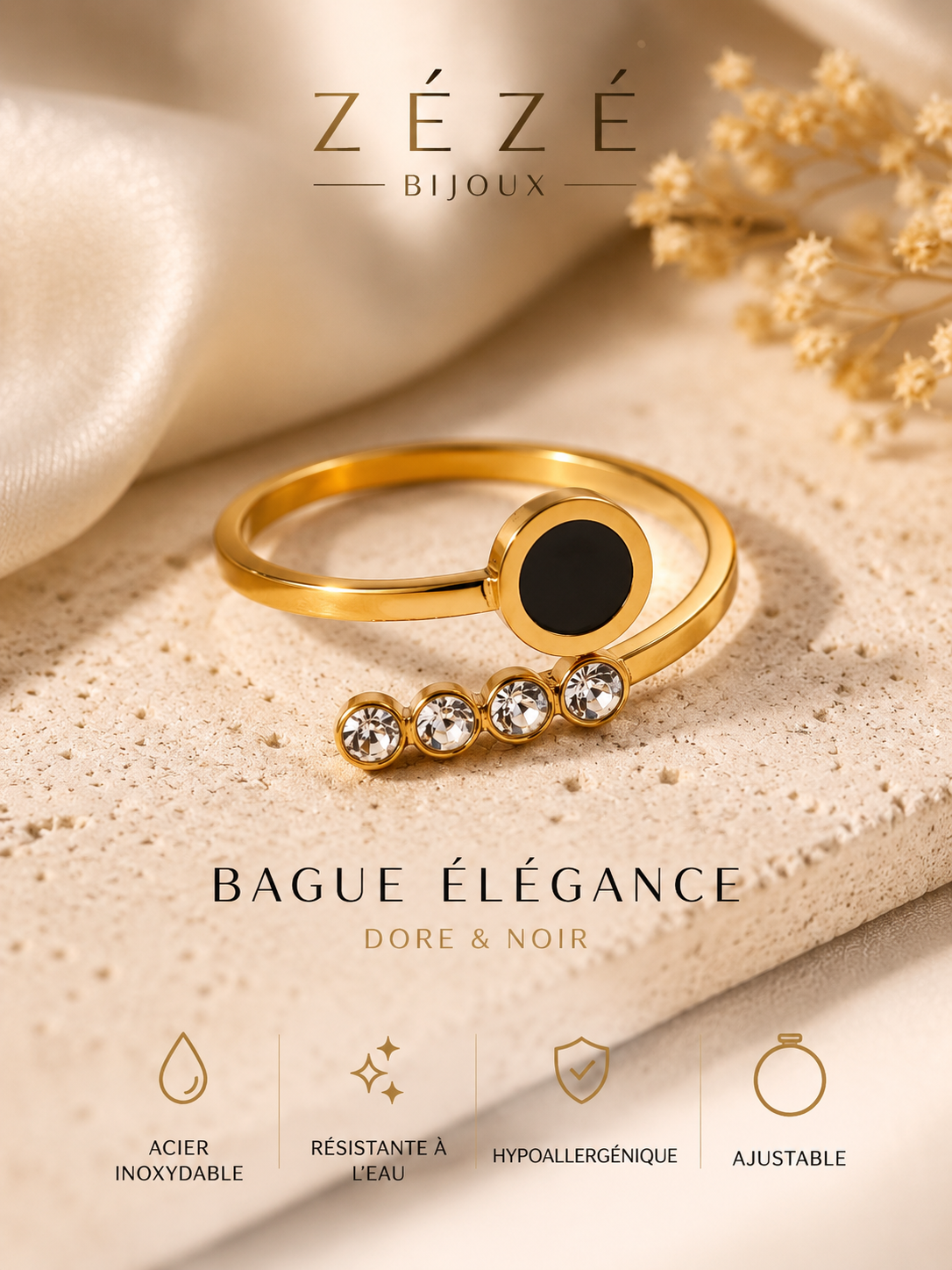 Bague Ajustable Élégance Dorée – Acier Inoxydable & Zircons