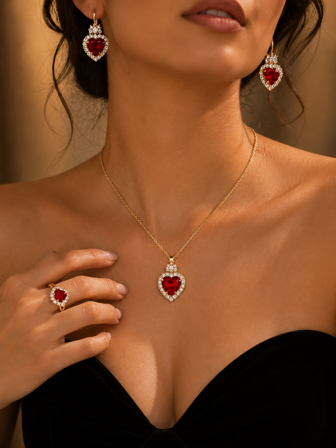 Ensemble Bijoux Élégance Cœur Rubis – Plaqué Or 18K
