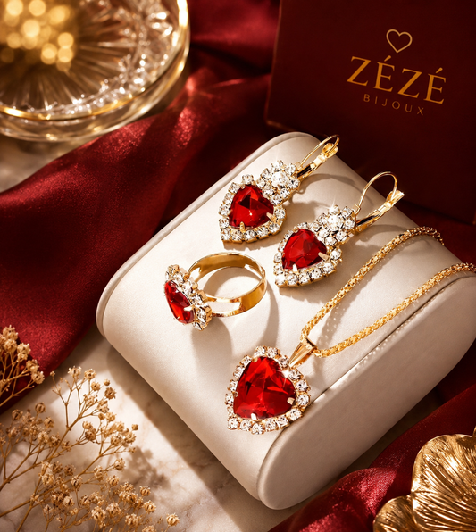 Ensemble Bijoux Élégance Cœur Rubis – Plaqué Or 18K