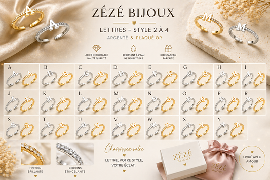 Bague Initiale avec Strass – Doré ou Argenté – Lettre au Choix – Ajustable Femme