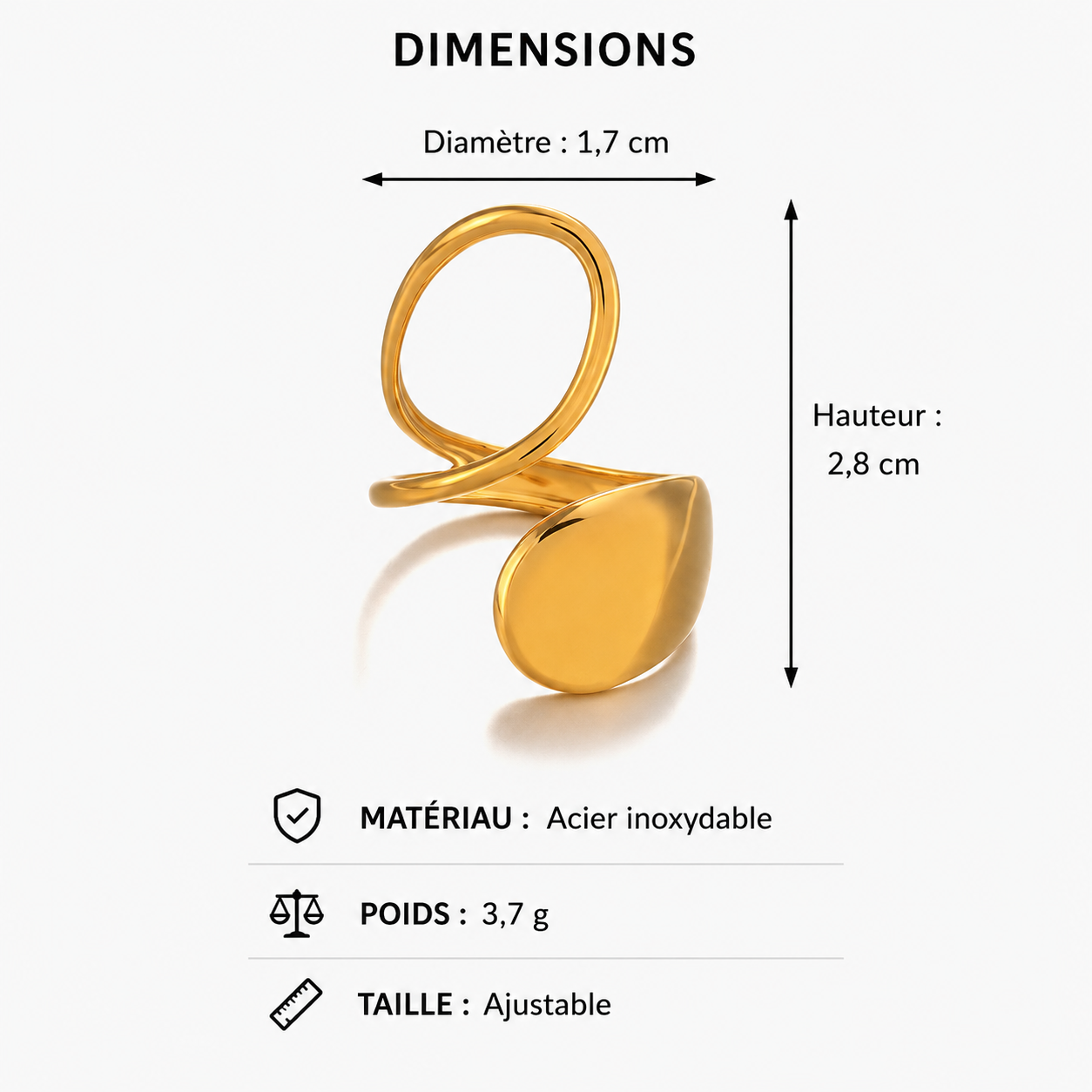 Bague Ajustable Goutte Dorée – Acier Inoxydable 304 | Élégance Intemporelle