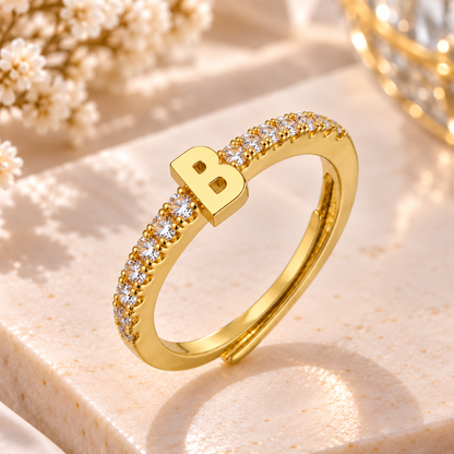 Bague Initiale avec Strass – Doré ou Argenté – Lettre au Choix – Ajustable Femme