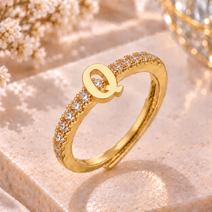 Bague Initiale avec Strass – Doré ou Argenté – Lettre au Choix – Ajustable Femme