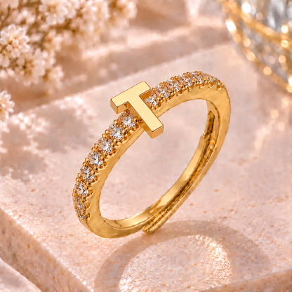 Bague Initiale avec Strass – Doré ou Argenté – Lettre au Choix – Ajustable Femme