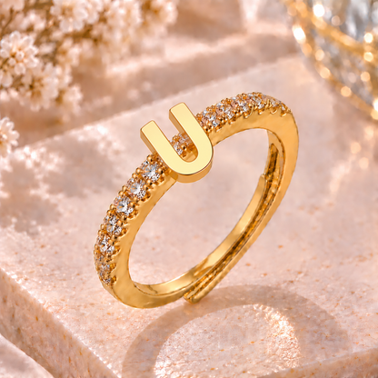 Bague Initiale avec Strass – Doré ou Argenté – Lettre au Choix – Ajustable Femme