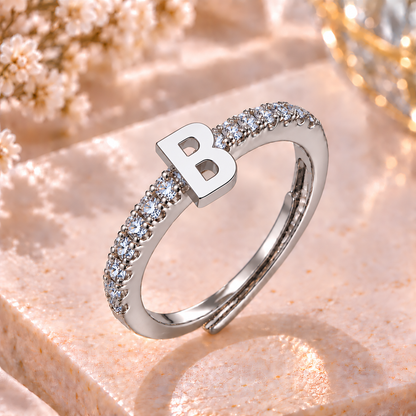 Bague Initiale avec Strass – Doré ou Argenté – Lettre au Choix – Ajustable Femme