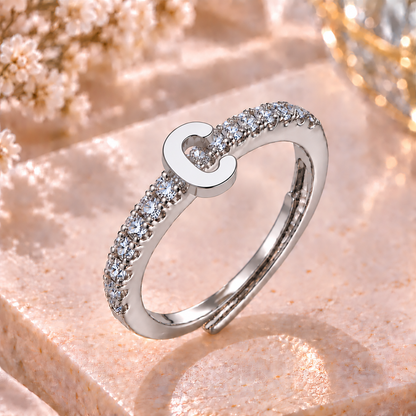 Bague Initiale avec Strass – Doré ou Argenté – Lettre au Choix – Ajustable Femme