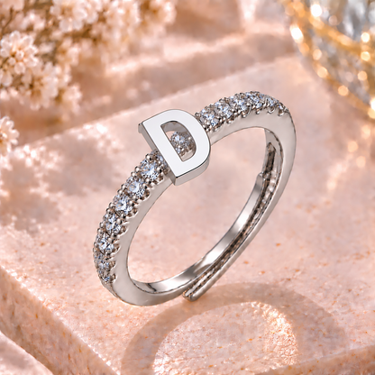 Bague Initiale avec Strass – Doré ou Argenté – Lettre au Choix – Ajustable Femme