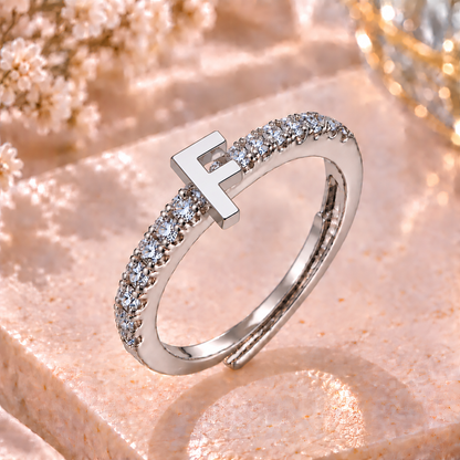 Bague Initiale avec Strass – Doré ou Argenté – Lettre au Choix – Ajustable Femme