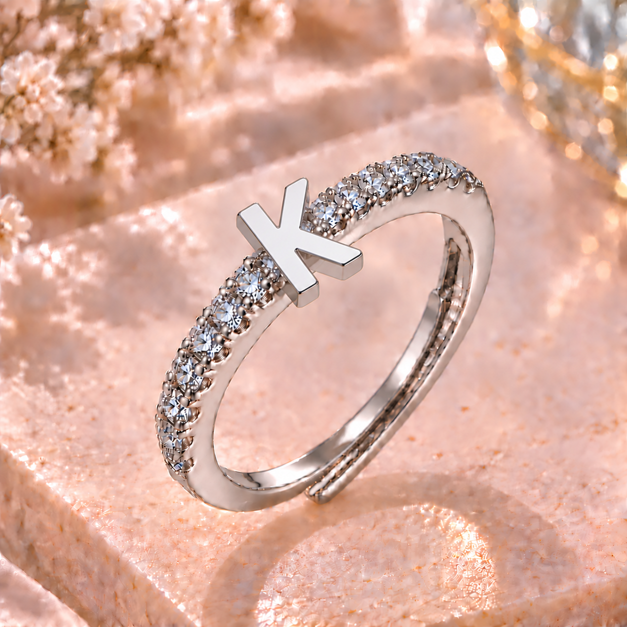 Bague Initiale avec Strass – Doré ou Argenté – Lettre au Choix – Ajustable Femme