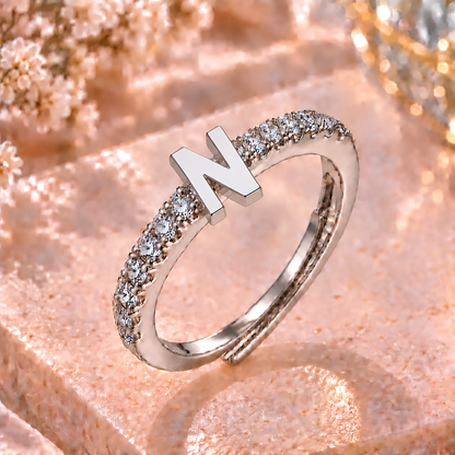 Bague Initiale avec Strass – Doré ou Argenté – Lettre au Choix – Ajustable Femme