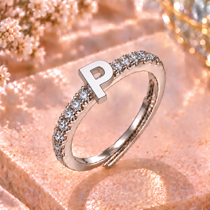 Bague Initiale avec Strass – Doré ou Argenté – Lettre au Choix – Ajustable Femme