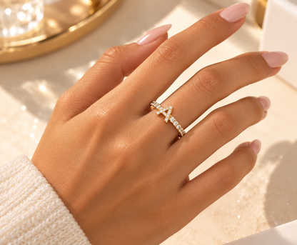 Bague Initiale avec Strass – Doré ou Argenté – Lettre au Choix – Ajustable Femme