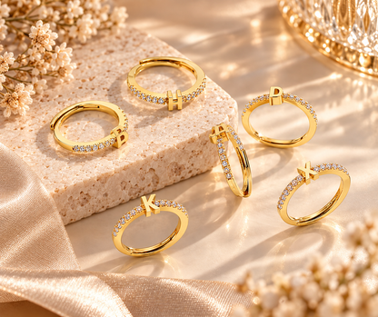 Bague Initiale avec Strass – Doré ou Argenté – Lettre au Choix – Ajustable Femme