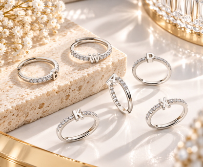 Bague Initiale avec Strass – Doré ou Argenté – Lettre au Choix – Ajustable Femme