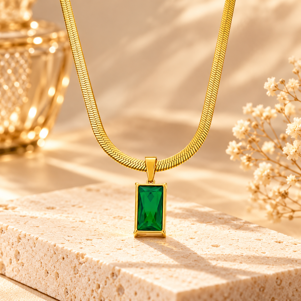 Parure Dorée Vert Émeraude – Collier et Boucles d’Oreilles Élégantes