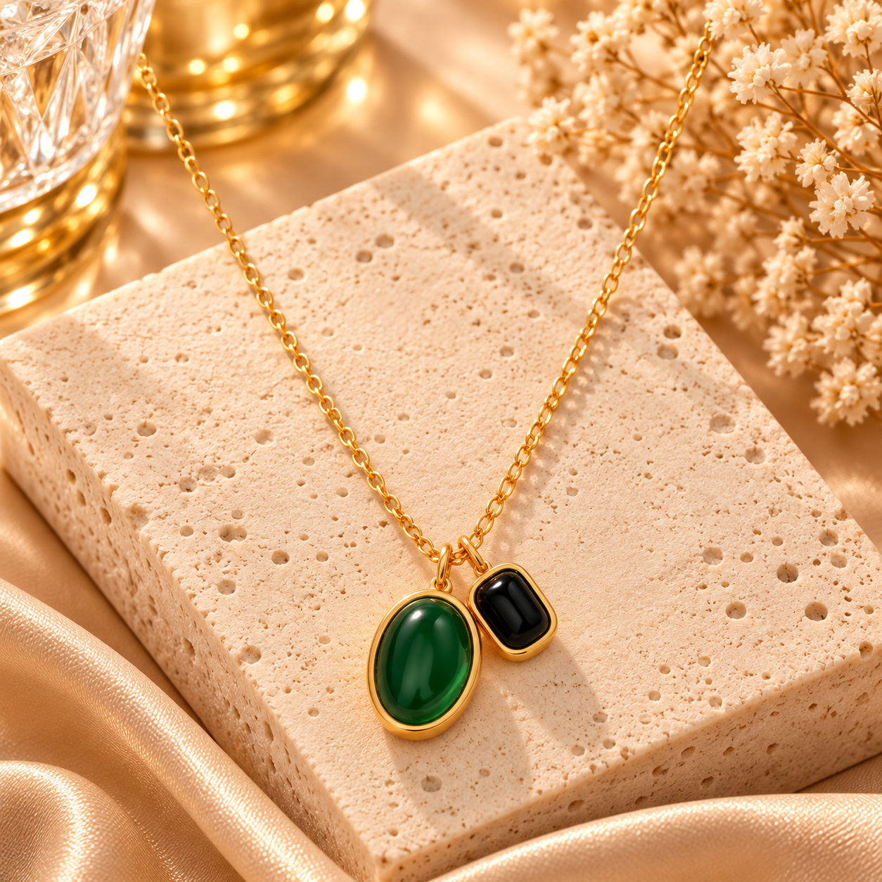 Parure Dorée Vert & Noir – Collier et Boucles d’Oreilles Élégantes