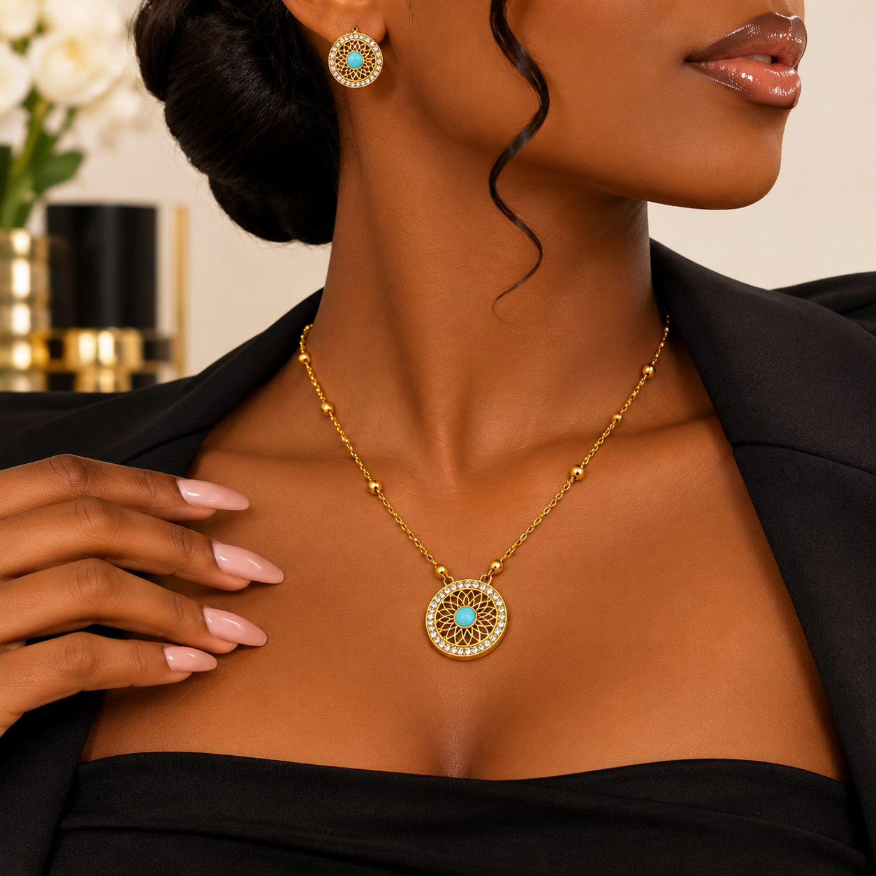 Parure Dorée Turquoise – Collier et Boucles d’Oreilles Rondes Élégantes
