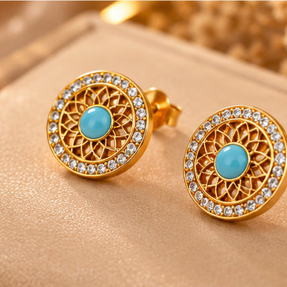 Parure Dorée Turquoise – Collier et Boucles d’Oreilles Rondes Élégantes