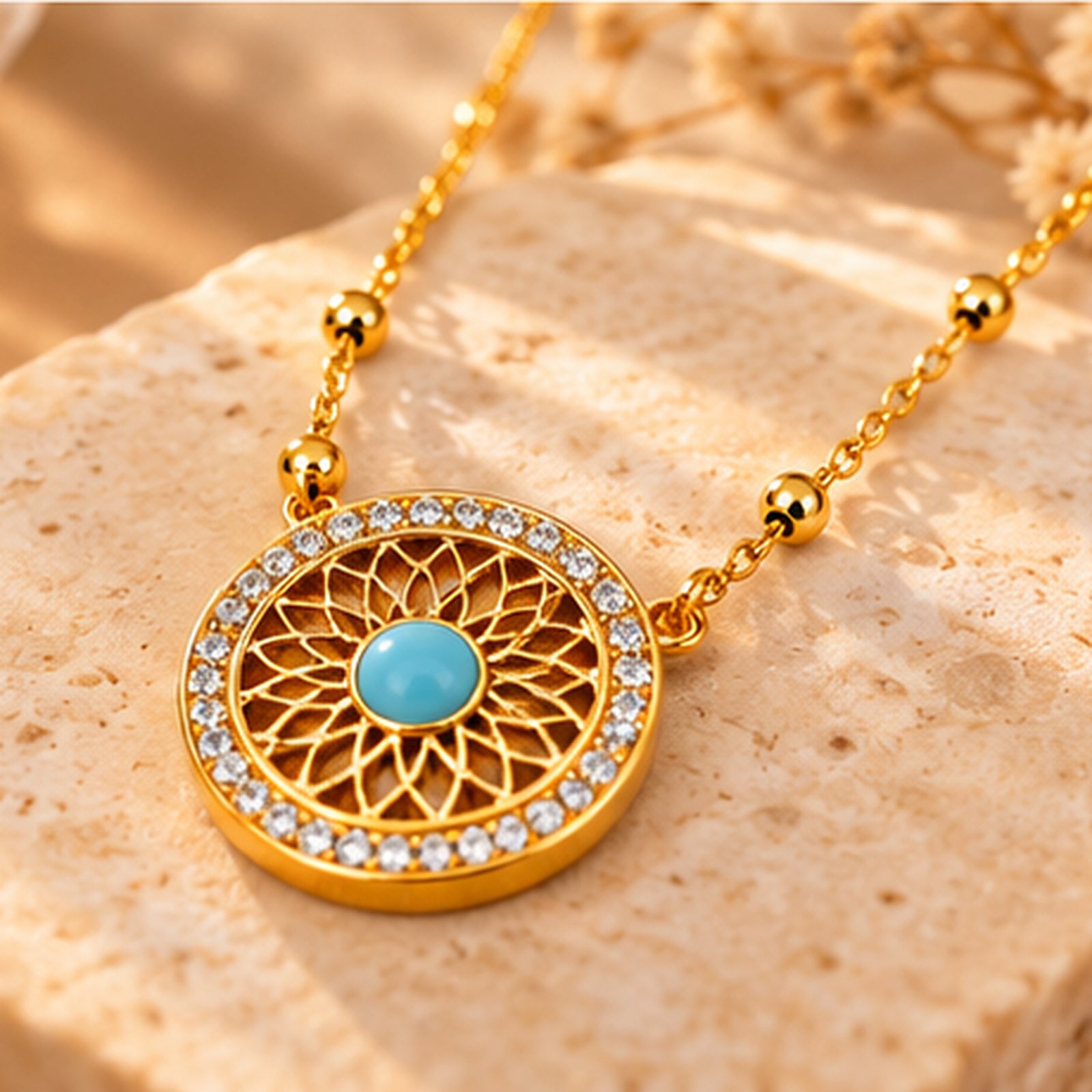 Parure Dorée Turquoise – Collier et Boucles d’Oreilles Rondes Élégantes