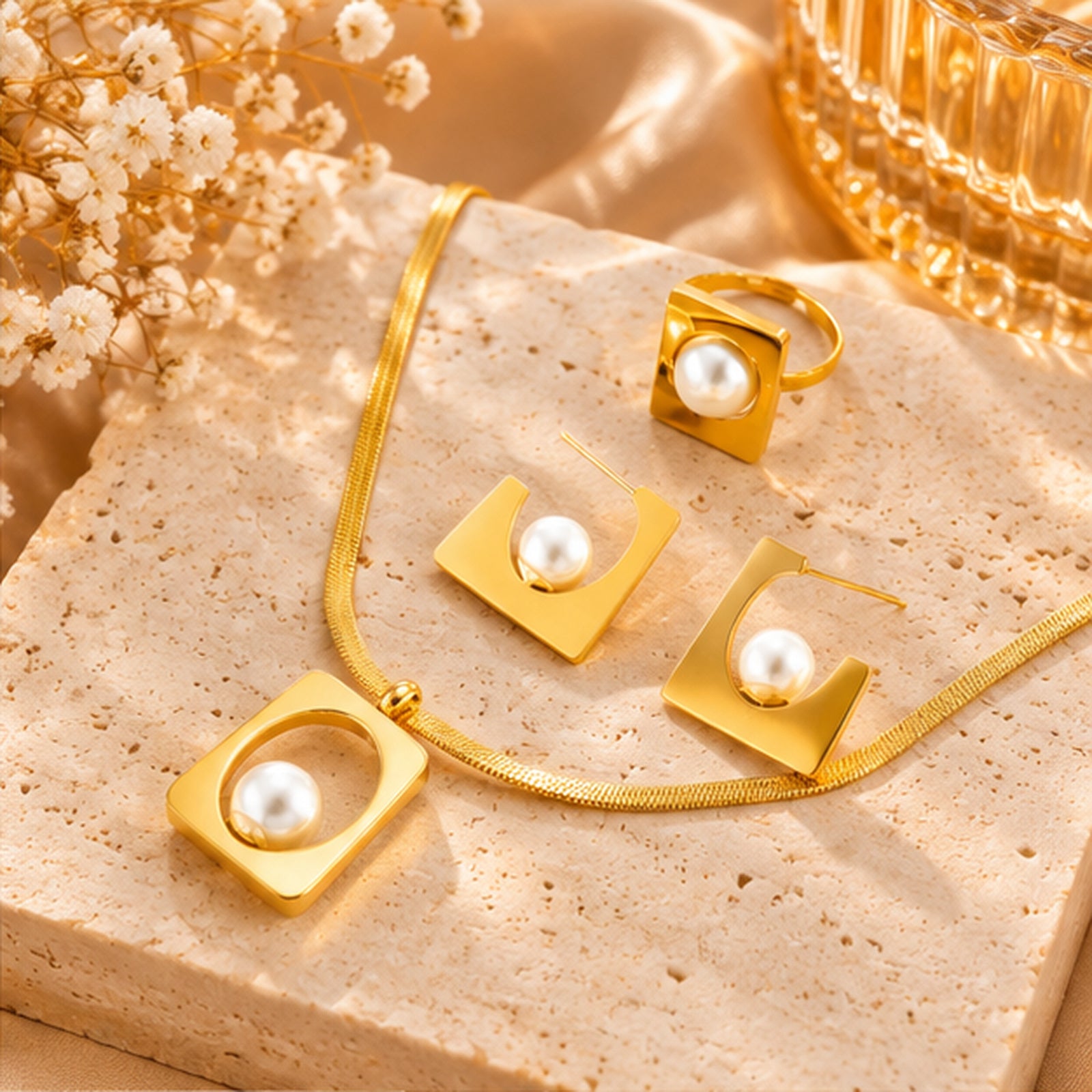 Parure Dorée à Perles Blanches – Collier, Boucles d’Oreilles et Bague Élégants