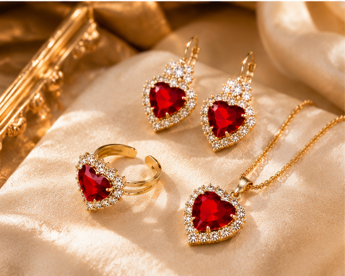 Ensemble Bijoux Élégance Cœur Rubis – Plaqué Or 18K