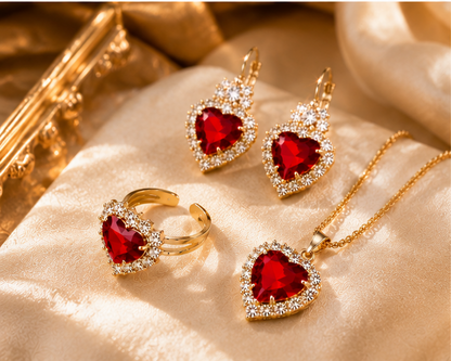 Ensemble Bijoux Élégance Cœur Rubis – Plaqué Or 18K